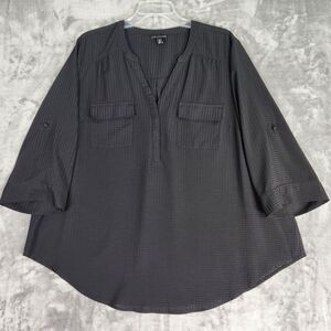 Torrid Harper Georgette Blouse Womens 2X Black Check Sheer Roll Tab Fairy Goth
